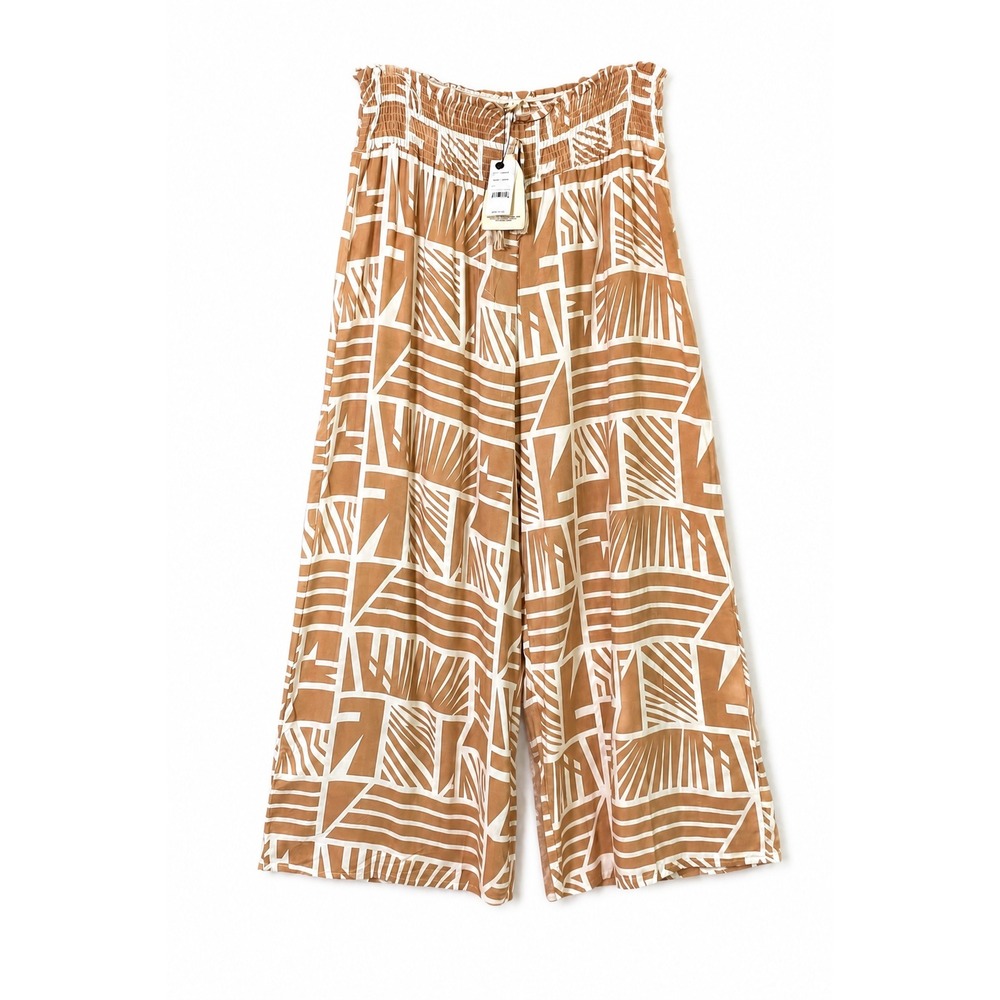 Salty Lemon Geometric Wide Leg Pants Women L Toffee Boho Beach Smocked Waist NWT